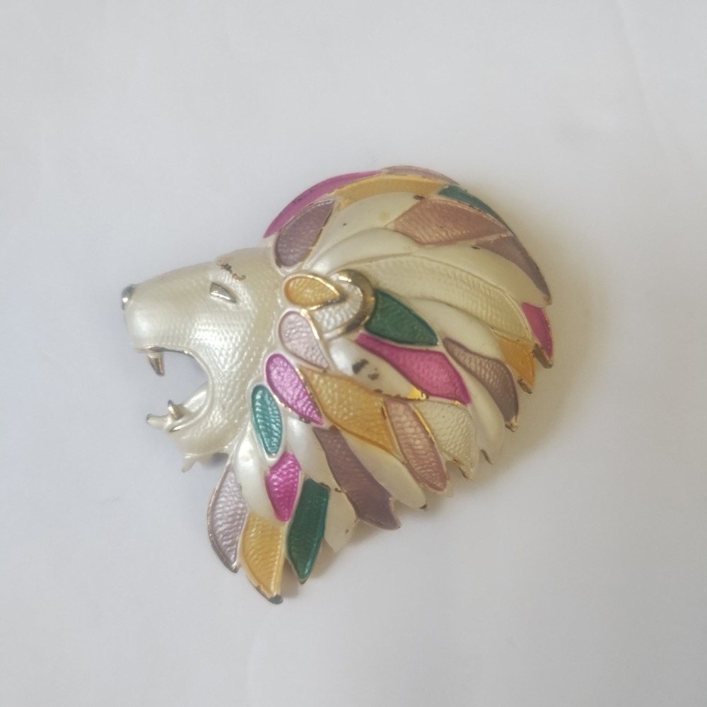 Vintage HMS Lion Head Brooch Enamel Multi Color Eclectic Maximalist
